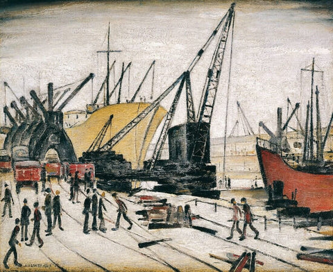 Cranes and Ships, Glasgow Docks by L S Lowry