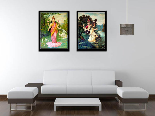 Set Of 2 Raja Ravi Varma Paintings- Lakshmi and Saraswati - Framed Canvas