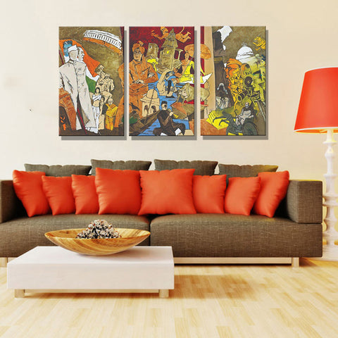 Tale Of Three Cities - 3 Canvas Art Panels by M F Husain