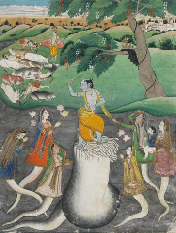 Krishna Defeating Kaliya With The Serpents Wives Pleading For His Release - Kangra Circa-1820 - Vintage Indian Miniature Art Painting by Miniature Art