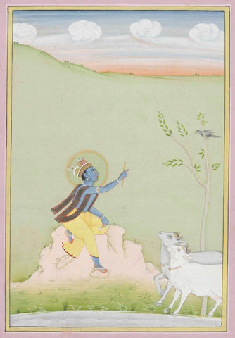 Krishna On A Rock With Cows Addressing A Bird By Kadar Badin - India Bikaner C1845 - Vintage Indian Miniature Art Painting - Canvas Prints