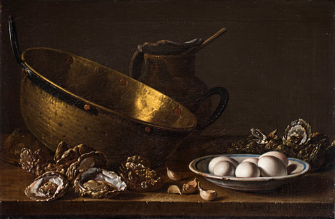 Still Life With Oysters, Garlic, Eggs, Pot And Bread by Luis Egidio Meléndez Naples