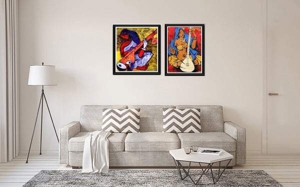 Set Of 2 M F Husain Paintings- Sitar Players - Framed Canvas - 10 x 12 inches (each)-international-shipping