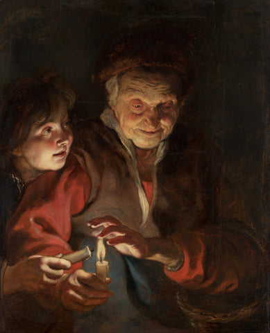 Old Woman And Boy With Candles - Art Prints