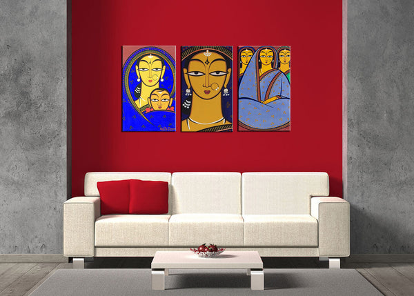 Set Of 3 Jamini Roy Paintings - Handmaiden, Mother and Child, Three Women - Gallery Wrapped Art Print - (12 x 18 inches each) - International - Shipping