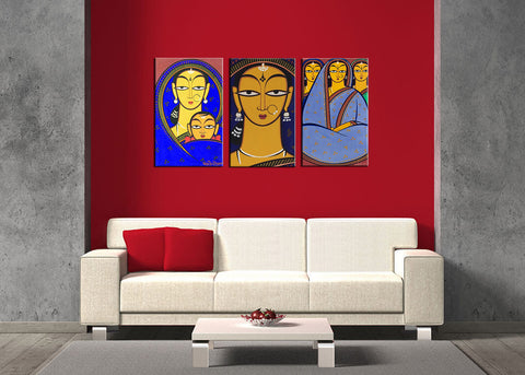 Set Of 3 Jamini Roy Paintings - Handmaiden, Mother and Child, Three Women - Gallery Wrapped Art Print - (12 x 18 inches each) - International - Shipping by Jamini Roy