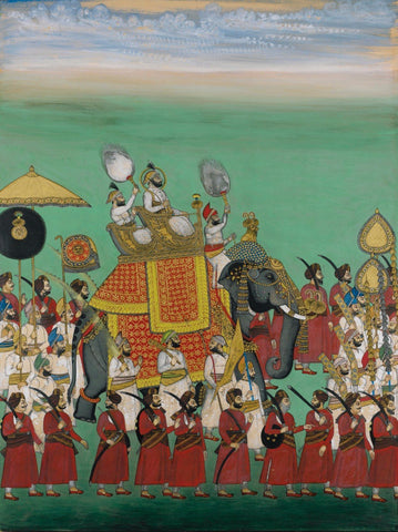 Indian Miniature Paintings - Rajasthani Paintings - Maharana Sajjan Singh riding in an elephant procession - Large Art Prints by Kritanta Vala