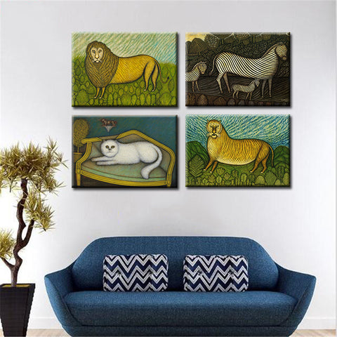 Set Of 4 Animal Morris Hirshfield Paintings - Premium Quality Gallery Wrapped On Canvas (14 x 18 inches)