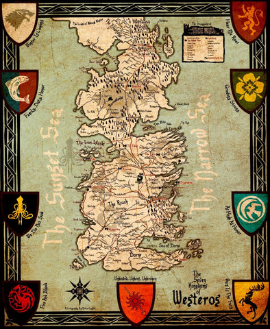 Art From Game of Thrones - Seven Kingdoms Of Westeros Map - Large Art Prints