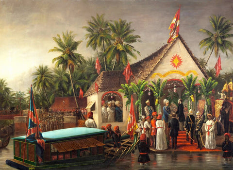 The Maharaja of Travancore welcoming Richard Temple-Grenville, Governor-General of Madras on his official visit to Trivandrum in 1880 by Raja Ravi Varma