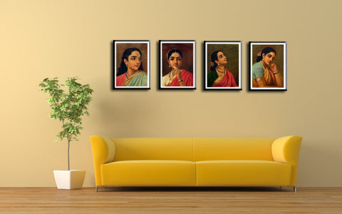 Set Of 4 Raja Ravi Varma Portrait Paintings - Premium Quality Framed Digital Print (18 x 24 inches) by Raja Ravi Varma
