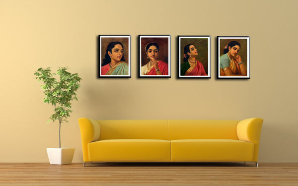 Set Of 4 Raja Ravi Varma Portrait Paintings - Premium Quality Framed Digital Print (13 x 18 inches)