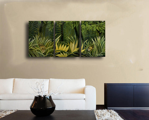 Two Lions In The Prowl by Henri Rousseau - Gallery Wrapped Panels (20 x 10) x 3 by Henri Rousseau
