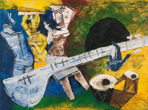 Three Women With Sitar - Posters by M F Husain